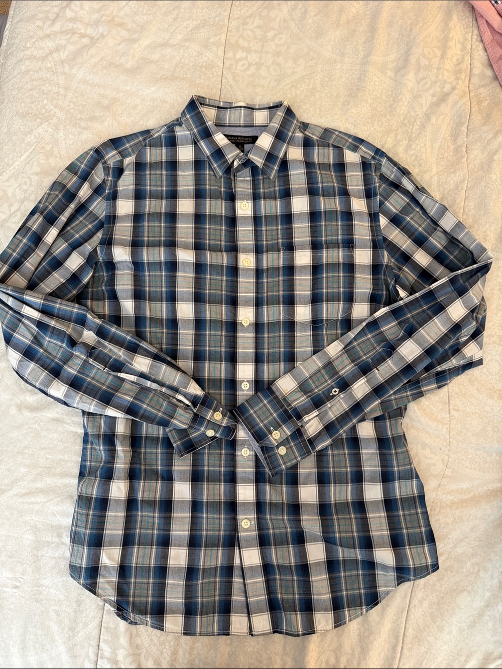 Banana Republic Blue and White Plaid Button-Down Shirt